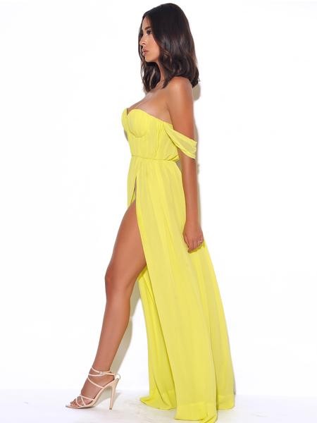 Moroccan Chic High Slit Yellow Chiffon Maxi Dress