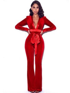 Fabulous Red Long Sleeve Belted Velvet Jumpsuit