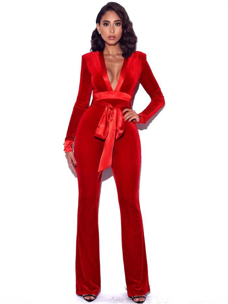 Fabulous Red Long Sleeve Belted Velvet Jumpsuit