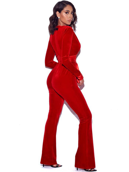 Fabulous Red Long Sleeve Belted Velvet Jumpsuit