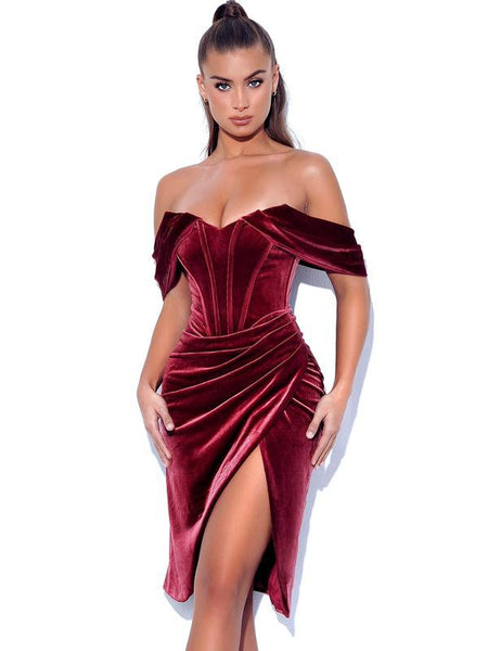 Anna Marie Burgundy Red Velvet Off Shoulder Corset Dress