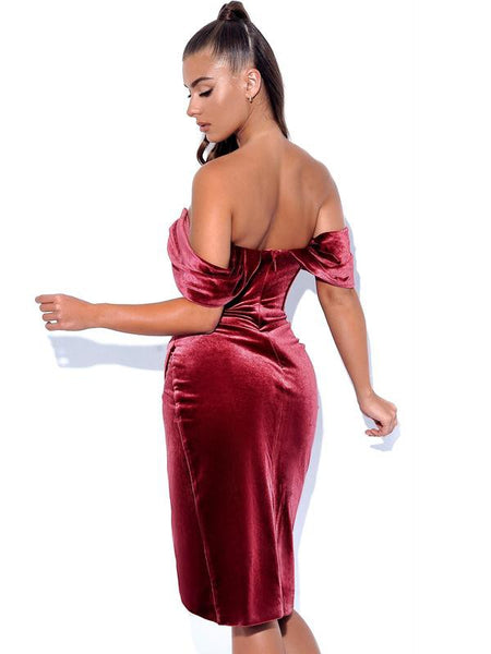 Anna Marie Burgundy Red Velvet Off Shoulder Corset Dress