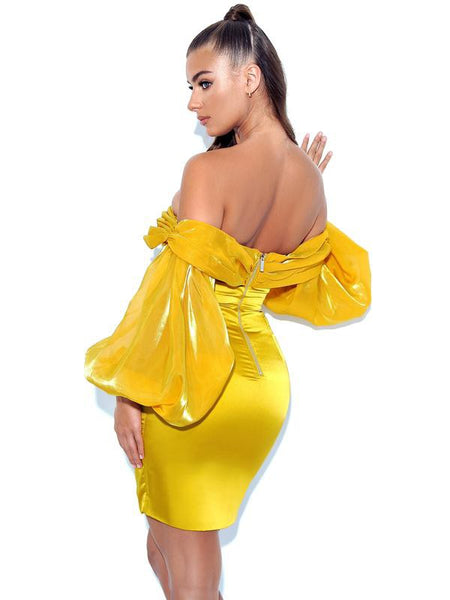 Montego Bay Satin Gold Off Shoulder Balloon Sleeve Dress