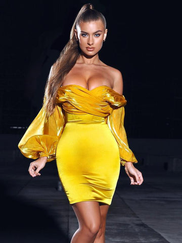 Montego Bay Satin Gold Off Shoulder Balloon Sleeve Dress