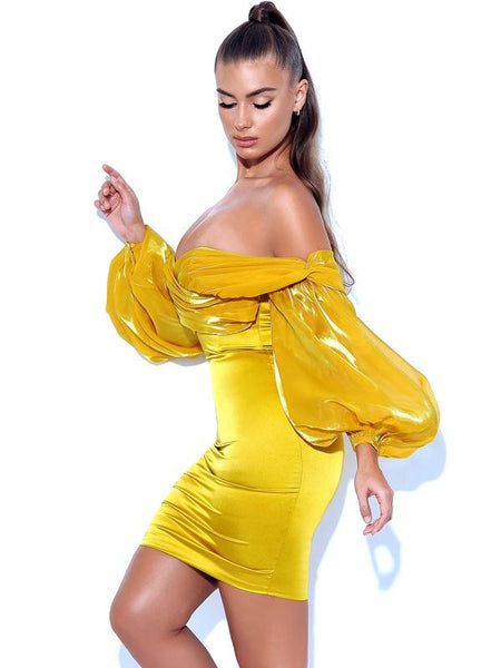 Montego Bay Satin Gold Off Shoulder Balloon Sleeve Dress