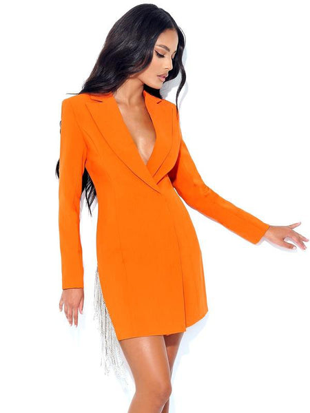 Designer Style Orange Crystal Fringe Blazer Dress