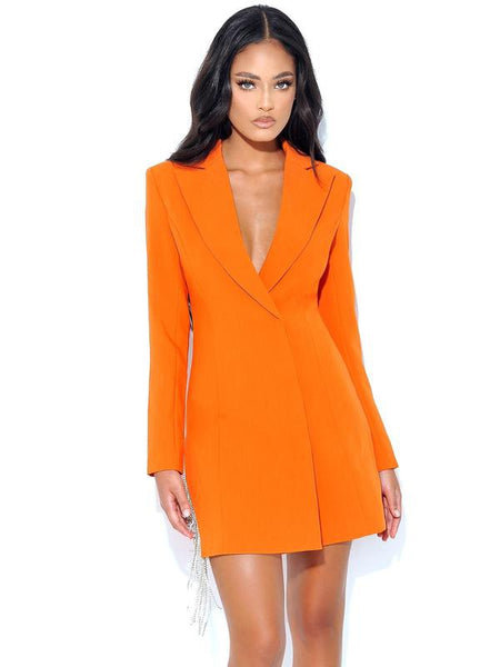 Designer Style Orange Crystal Fringe Blazer Dress