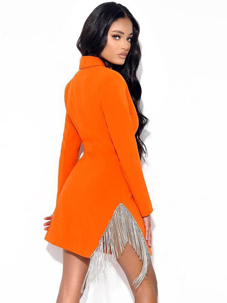 Designer Style Orange Crystal Fringe Blazer Dress