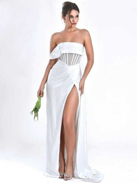 Madeline White Satin High Slit Strapless Corset Gown