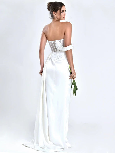 Madeline White Satin High Slit Strapless Corset Gown