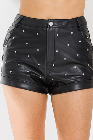 Black Faux Leather Rhinestone Studded Cuffed Shorts