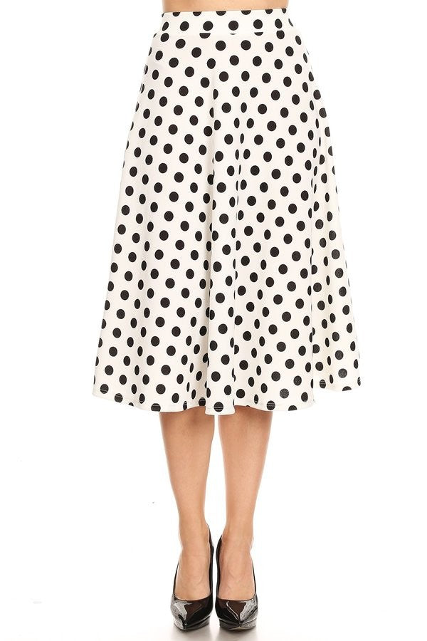 White/Black Polkadot High Waist A Line Midi Skirt