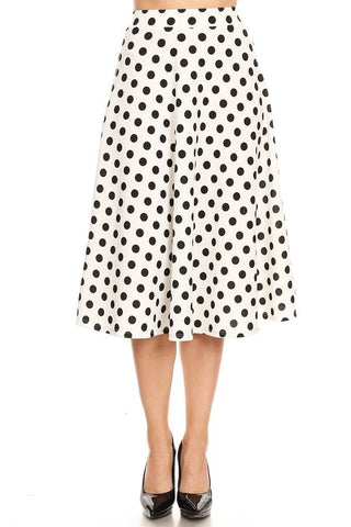 White/Black Polkadot High Waist A Line Midi Skirt