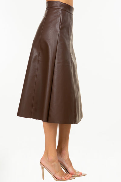 Chocolate Brown Faux Leather Business Chic Midi Skirt