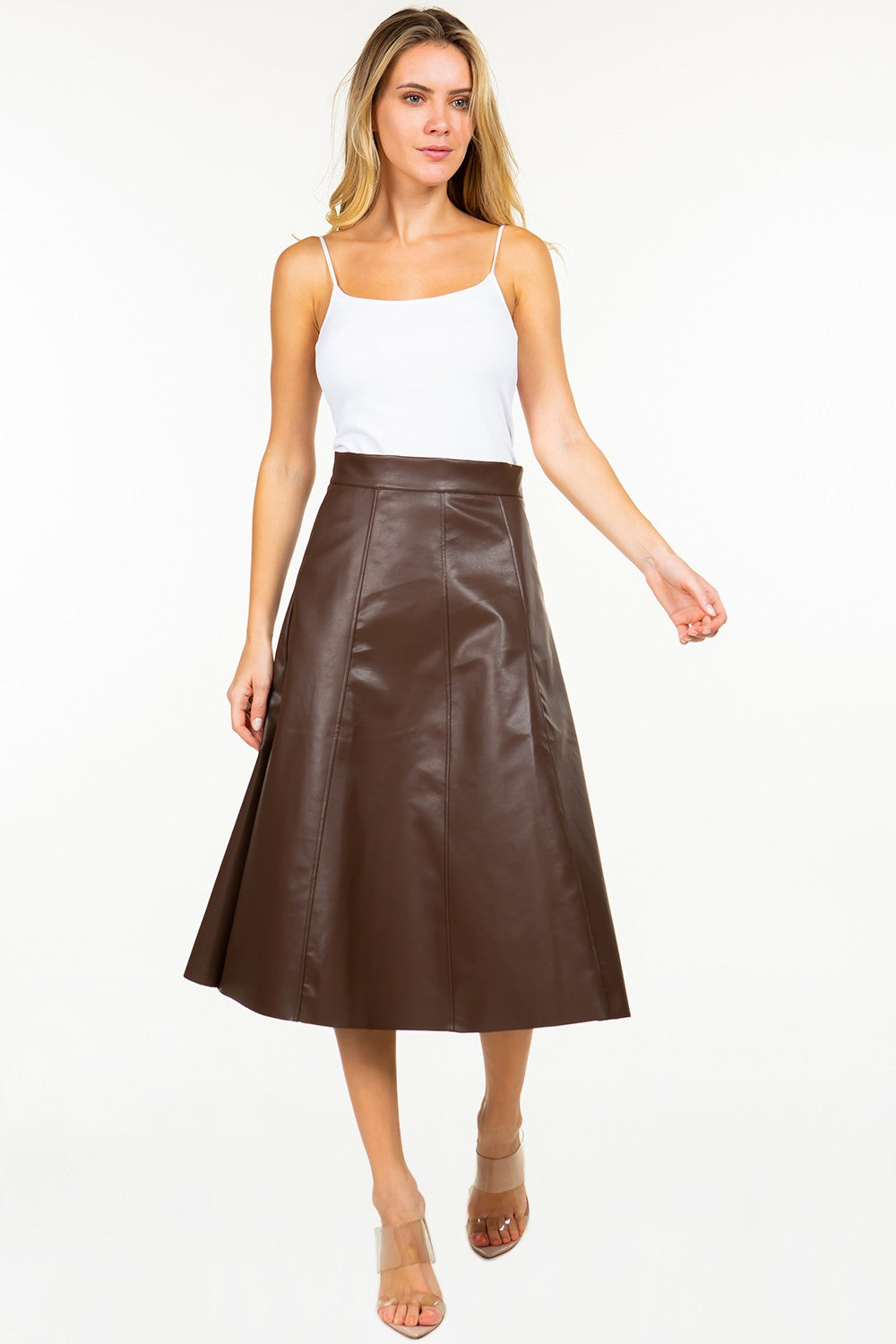 Chocolate Brown Faux Leather Business Chic Midi Skirt