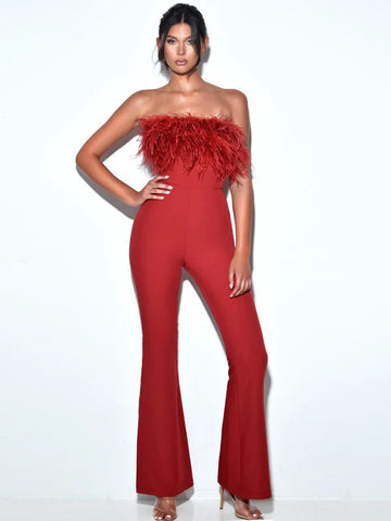 Ocean Drive Red Burgundy Feather Strapless Jumpsuit