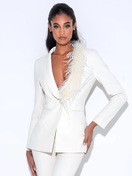 Chic Long Sleeve White Suit Blazer with Feather Trim