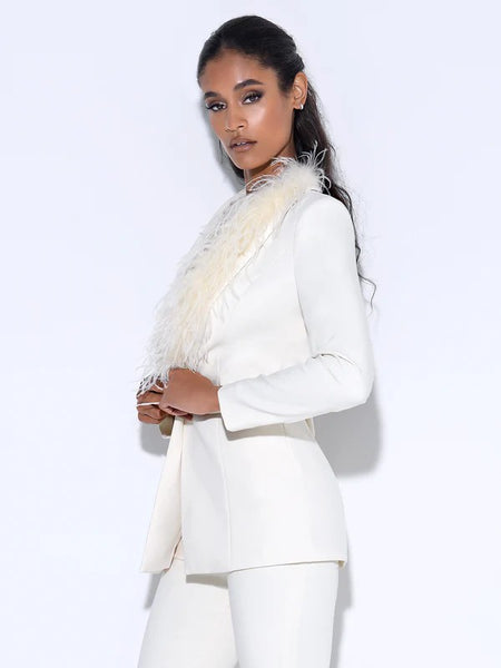 Chic Long Sleeve White Suit Blazer with Feather Trim