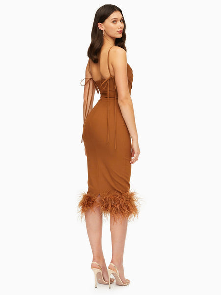 Chestnut Brown Sleeveless Feather Trim Bottom Midi Dress