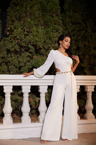 White Asymmetrical Wide Sleeve Belted Wedding Jumpsuit