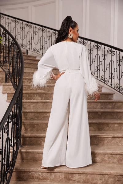 White Feathers Long Sleeve Wide Leg Wedding Jumpsuit