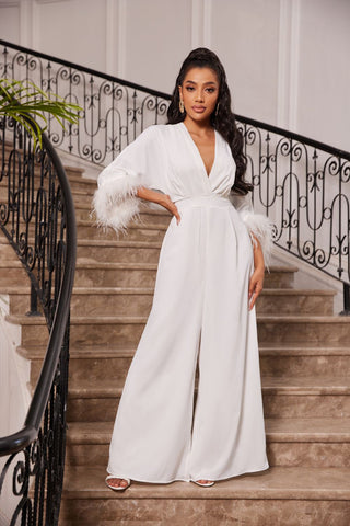 White Feathers Long Sleeve Wide Leg Wedding Jumpsuit