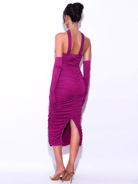 Lucious Grape Midi Halter Neck Dress with Crystal