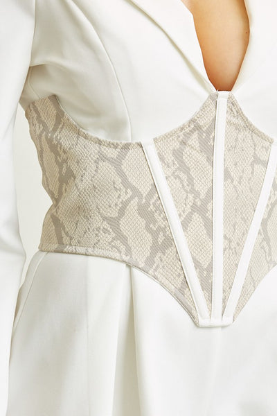 White Blazer Style Snakeskin Contrast Wedding Corset Romper