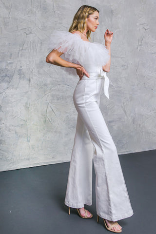 Tulle Strapless White Denim Wedding Jumpsuit