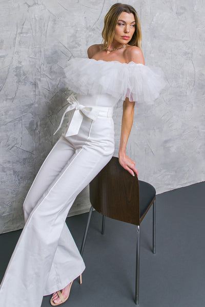 Tulle Strapless White Denim Wedding Jumpsuit