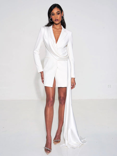 Marley White Draping Long Sleeve Blazer Dress