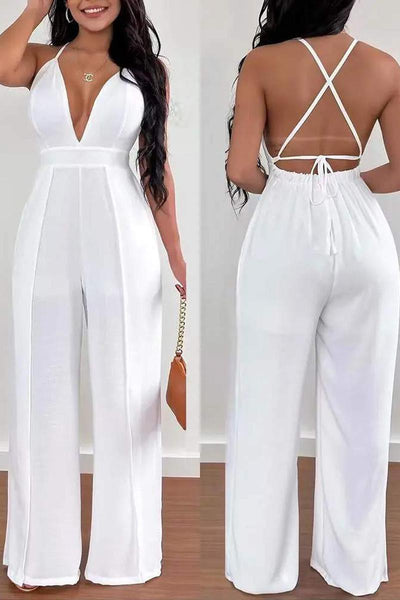 White Chic Criss Cross Backless Plunging Jumpsuit