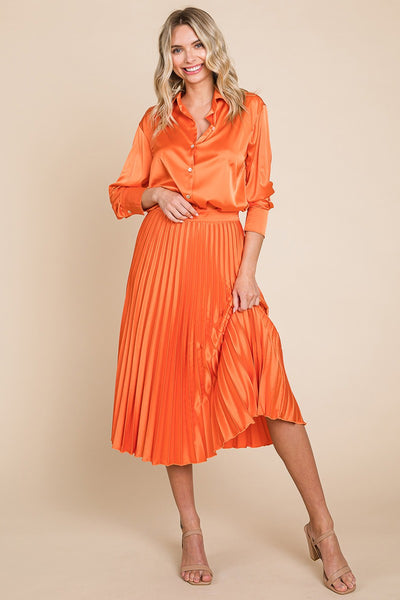 Refreshing Orange Pleated High Waist Midi Skirt