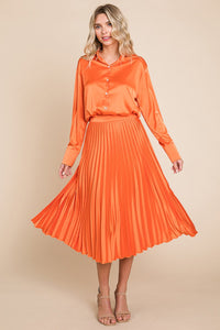 Refreshing Orange Pleated High Waist Midi Skirt