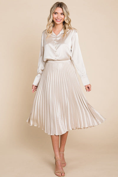 Refreshing Nude Pleated High Waist Midi Skirt