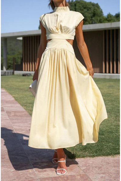 Summer Light Blue Ruffled Short Sleeve Cut Out Maxi Dress