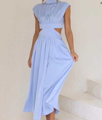 Summer Light Blue Ruffled Short Sleeve Cut Out Maxi Dress