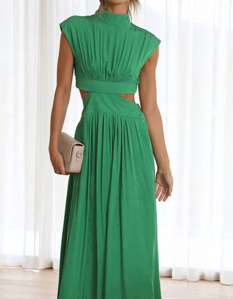 Summer Green Ruffled Short Sleeve Cut Out Maxi Dress