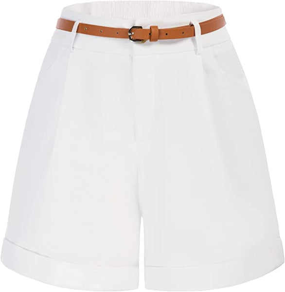 Casual Beige Belted High Waist Shorts