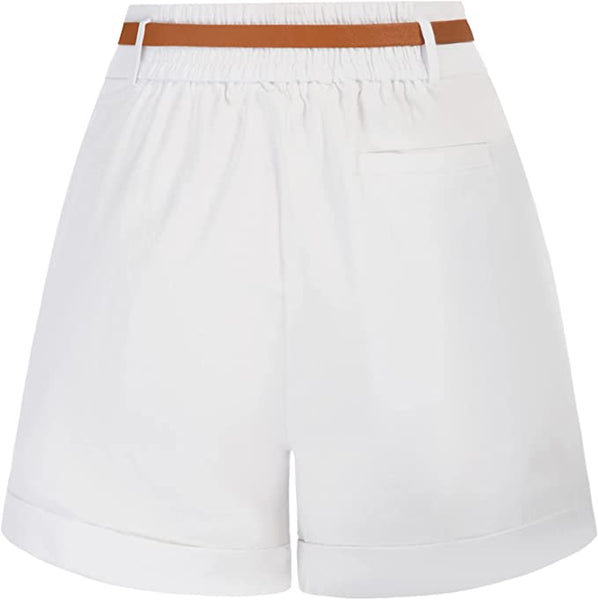 Casual Beige Belted High Waist Shorts