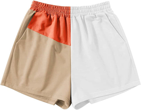 Summer Style Tan/White/Orange Color Block Elastic Waist Shorts