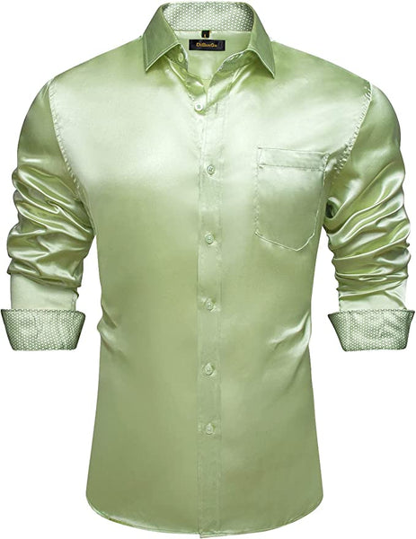 Men's Silver Gray Stretch Soft Satin Long Sleeve Dress Shirt