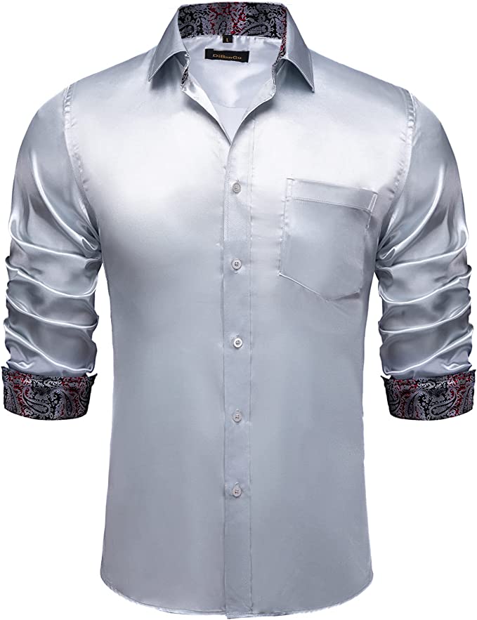 Men's Silver Gray Stretch Soft Satin Long Sleeve Dress Shirt