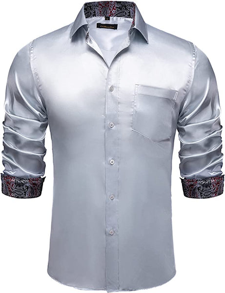 Men's Silver Gray Stretch Soft Satin Long Sleeve Dress Shirt