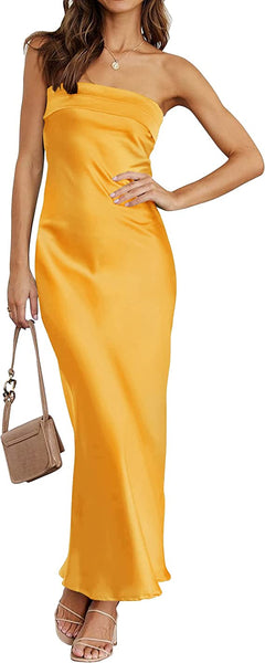 Summer Satin Yellow Strapless Wedding Party Maxi Dress