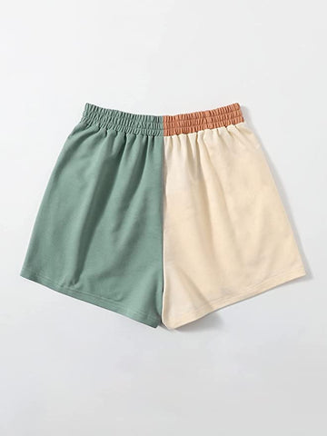 Summer Style Green/Tan Color Block Elastic Waist Shorts