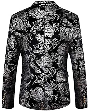 Men's Long Sleeve Floral Metallic Silver Blazer Jacket