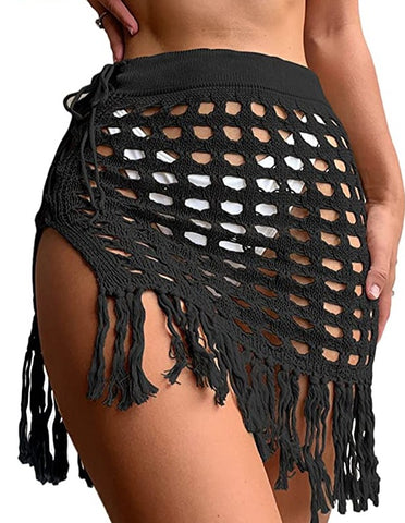 Crochet Fringe Black Cover Up Mini Skirt