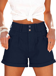 Navy Blue High Waist Cuffed Hem Shorts