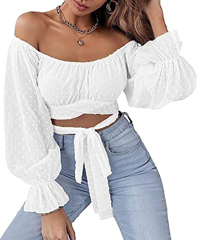 Lantern Sleeve Style White Off Shoulder Top